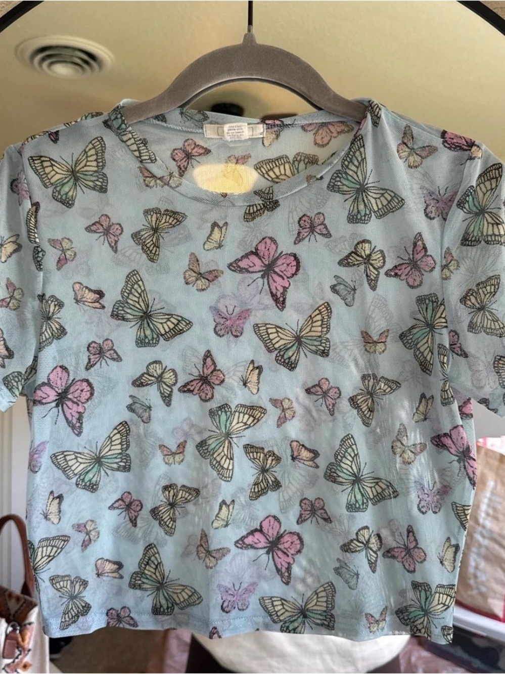 Butterfly Print Blue Mesh Crop Top